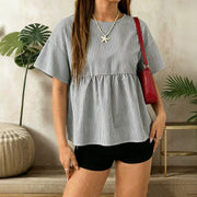 Classic Crew-neck Striped Short-sleeve Top for Women