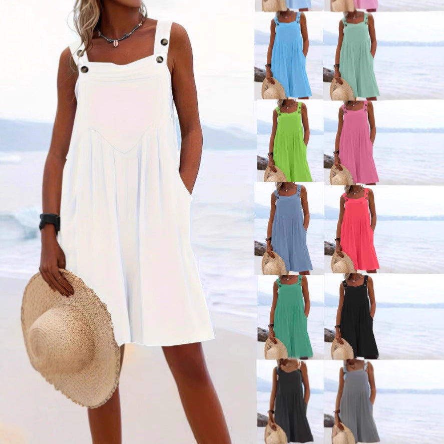 Summer Solid-Color Jumpsuit Sleeveless Solid-Color Wide-Leg Suspender Pants Womens Style