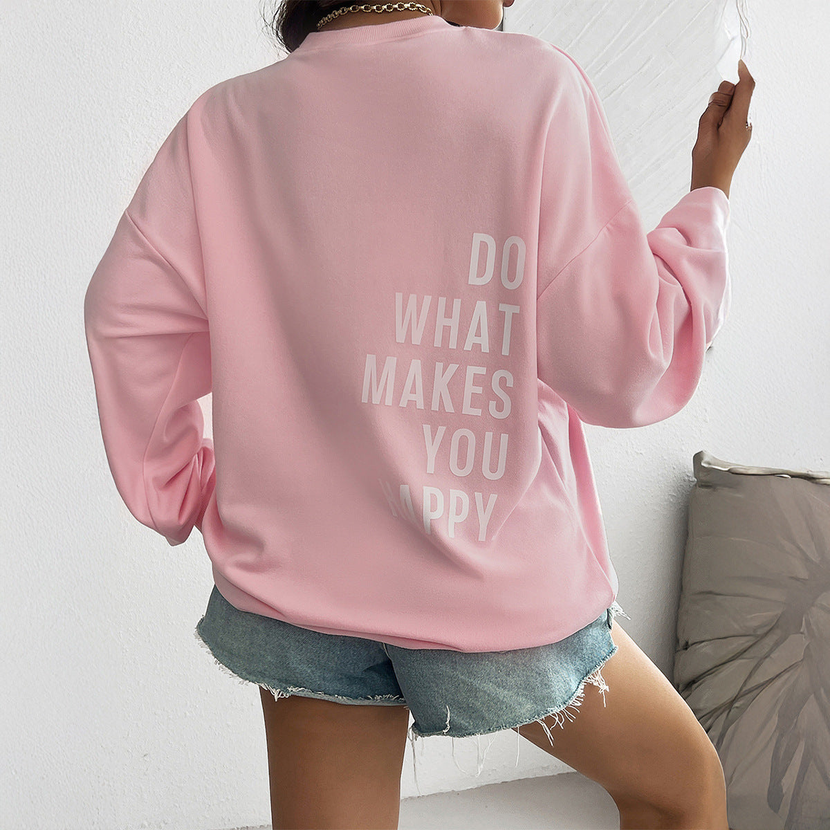 Cozy Pink Letter Print Long-Sleeve Casual Sweater