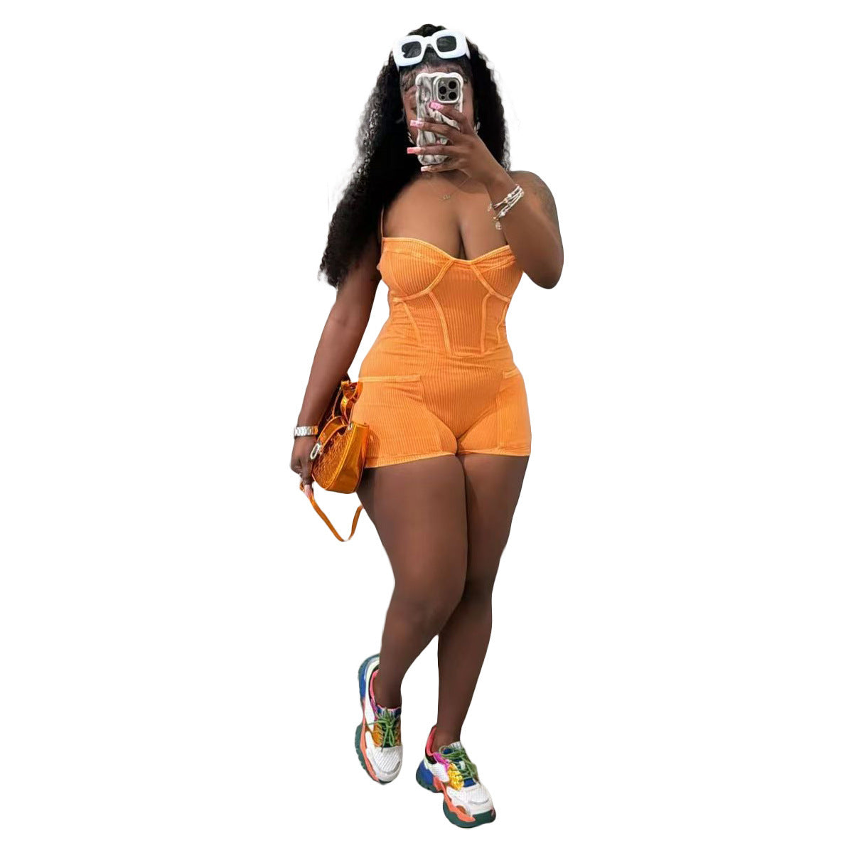 Hot Girl Sleeveless Strap Tube Top Tight One-piece Pocket Shorts