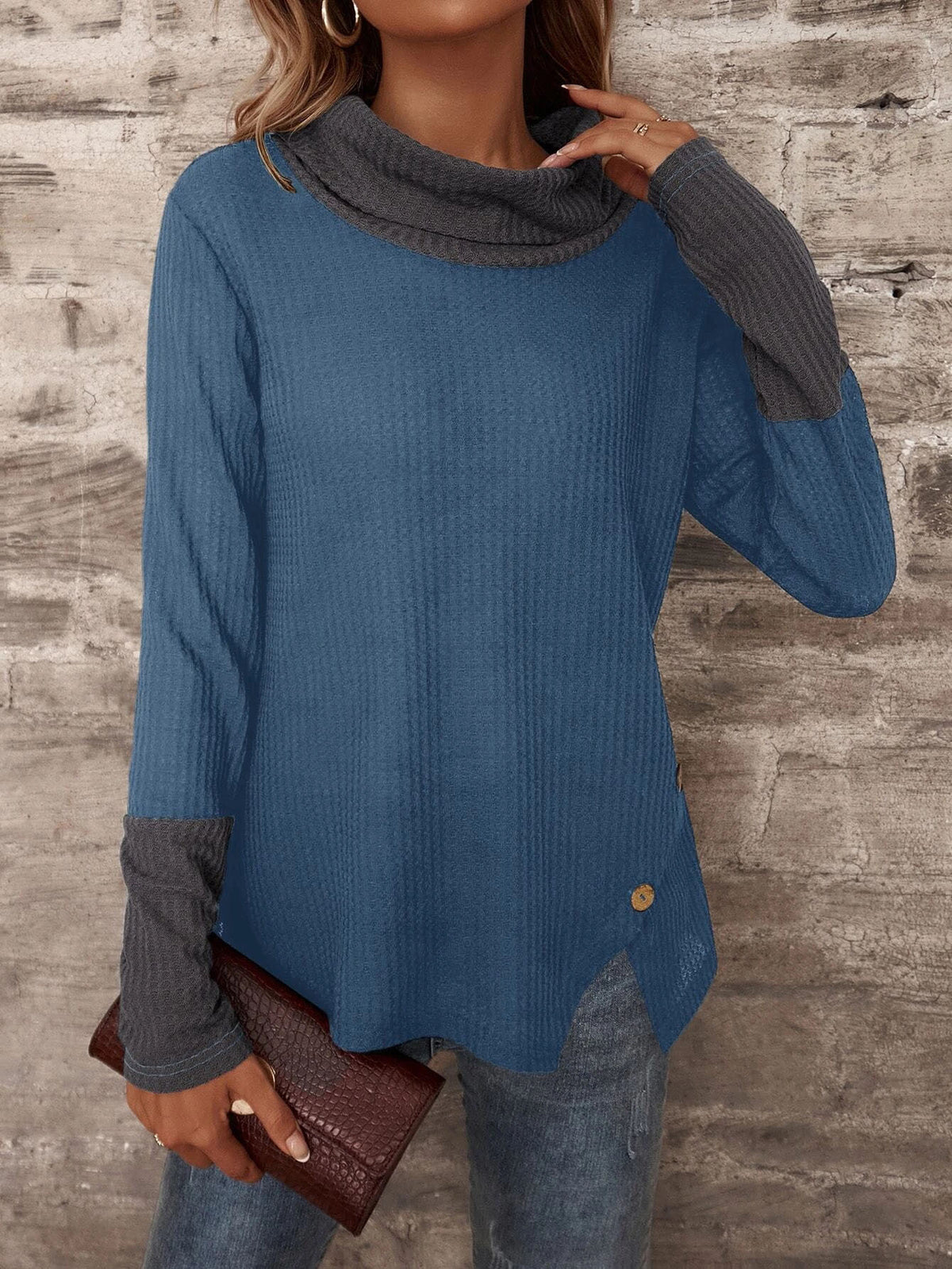 Waffle Knit Mock Neck Long Sleeve Top