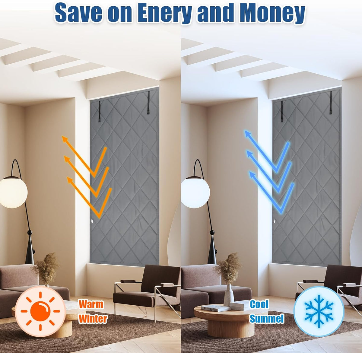 Thick Diamond Quilted Thermal Insulated Door Curtain, Windproof Cold Block Door Drape with Roll Up Buckle, Punch & Adhesive 2 Installation Ways Energy Saving Door Cover for Home Balcony Courtyard Gara