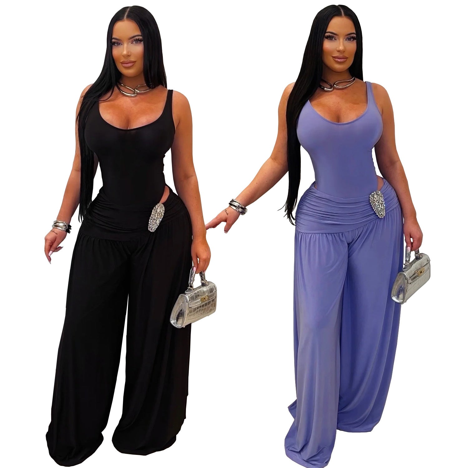 Women's Solid U-Neck High-Waist Wide-Leg Jumpsuit