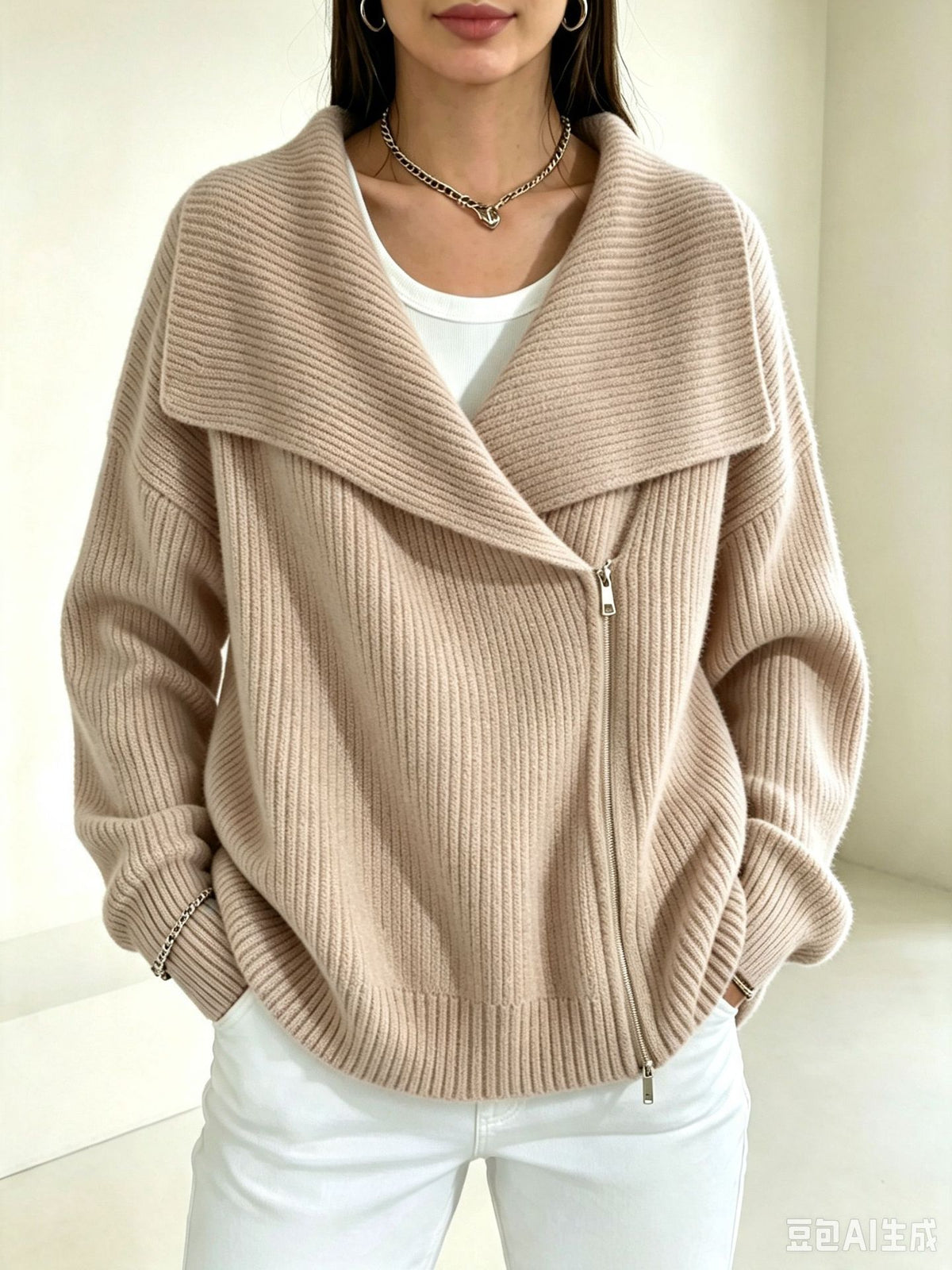 Notch-collar Double-zip Knit Cardigan Womens Top