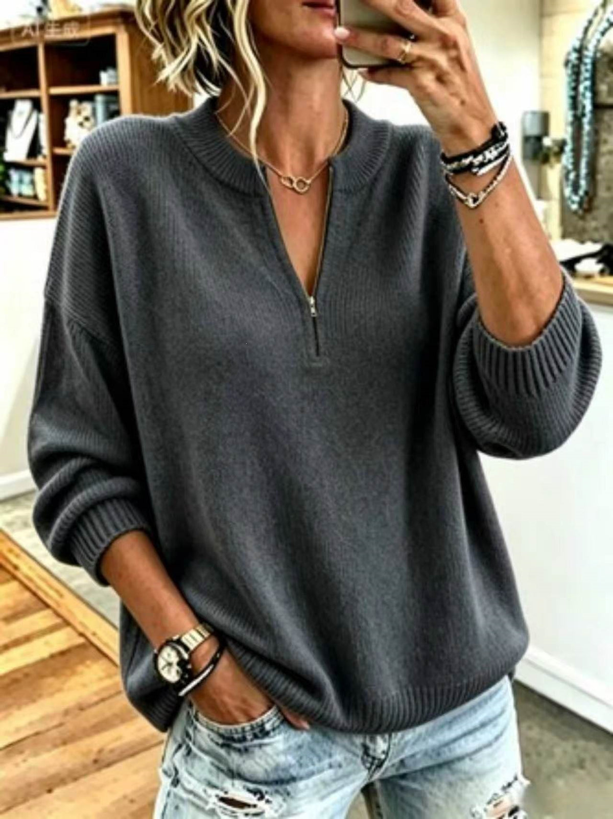 Korean-style Casual Stand-collar Half-zip Sweater for Women