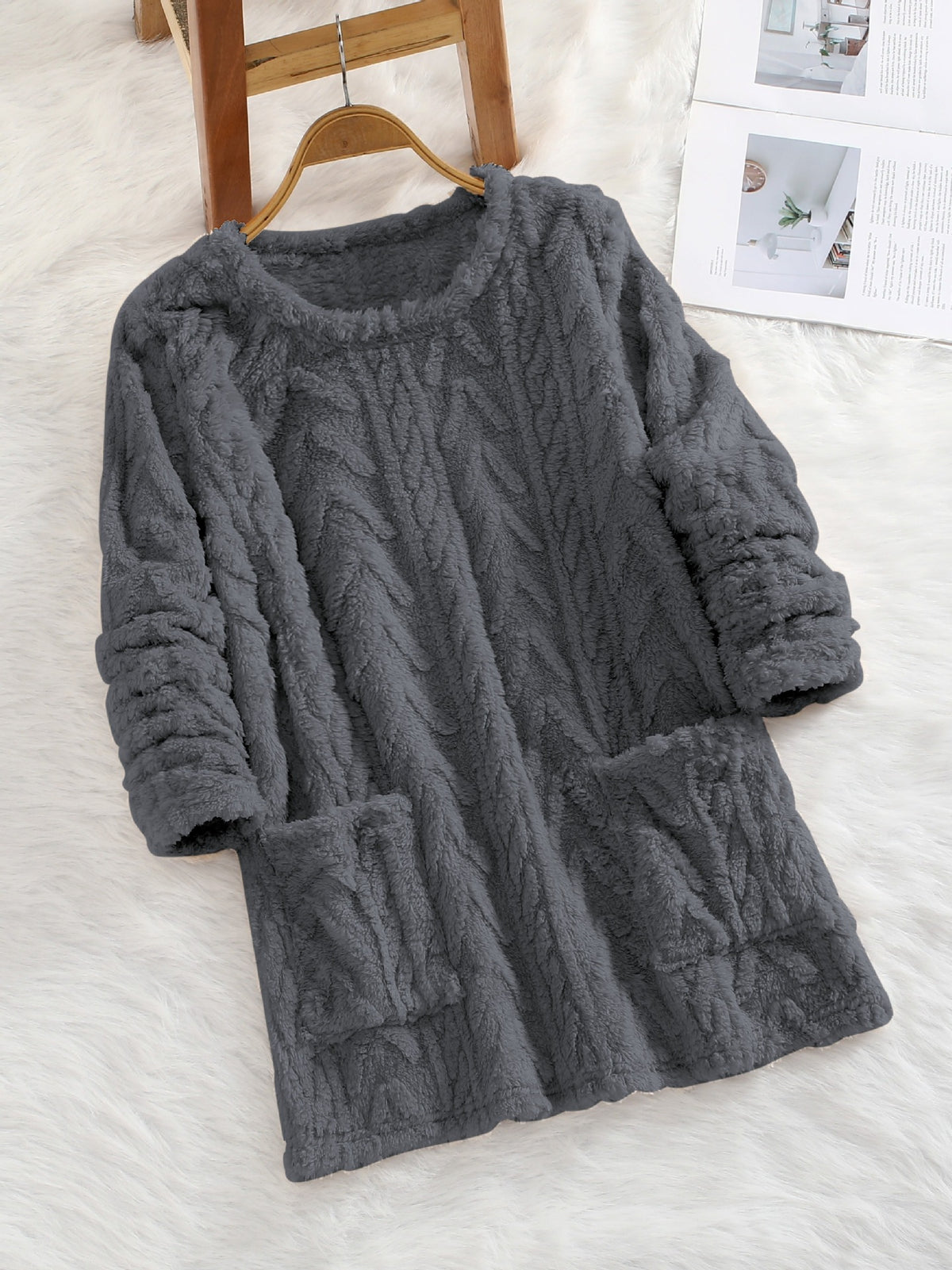 Teddy Fleece Jacquard Long-sleeve Casual Sweatshirt for Autumn and Winter Fluffy and Warm with Pocket Hood