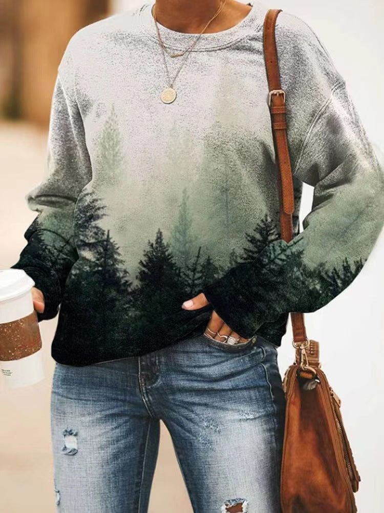 Floral Landscape Print Long Sleeve Pullover Sweatshirt