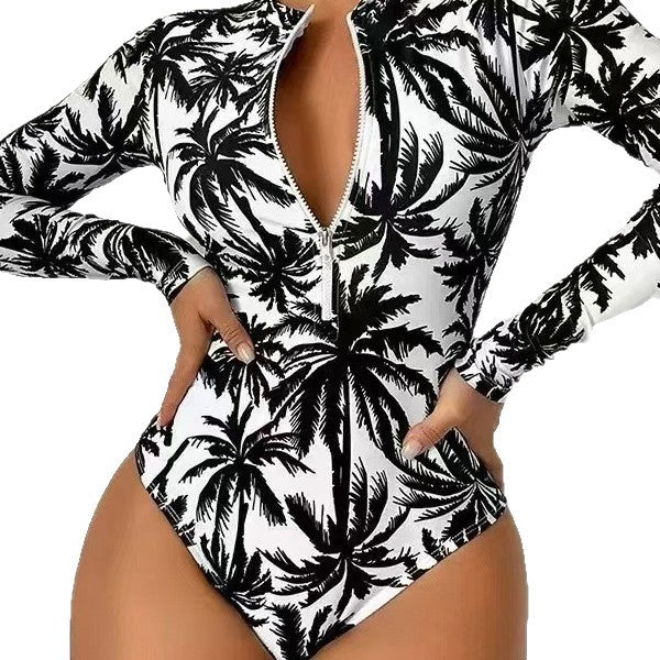 Gradient Ombre Body-Sculpting Long-Sleeve One-Piece Swimsuit