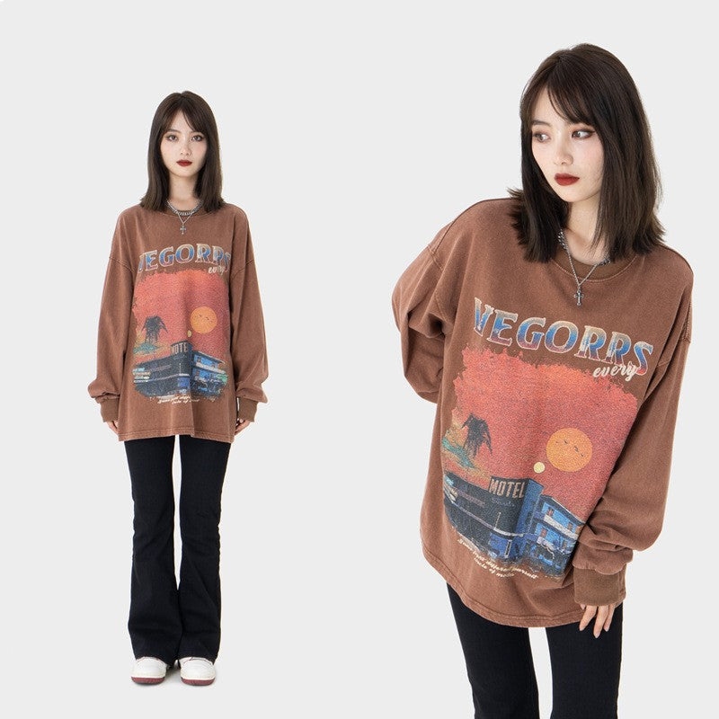 Vintage Washed Letter Print Cotton Crewneck Sweater