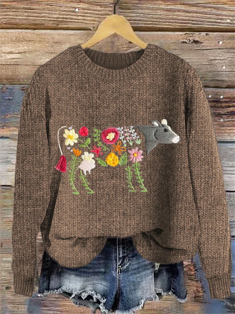 Chunky-knit Faux-sweater with Digital Print and Round Neckline