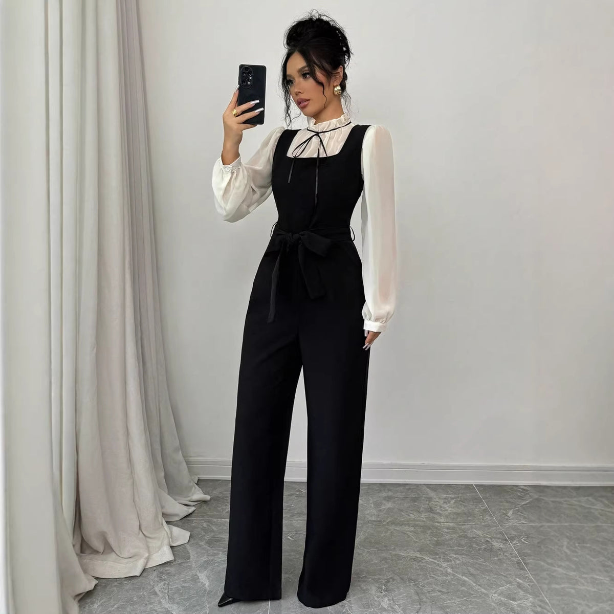 Elegant Color Block Shirt Jumpsuit Set