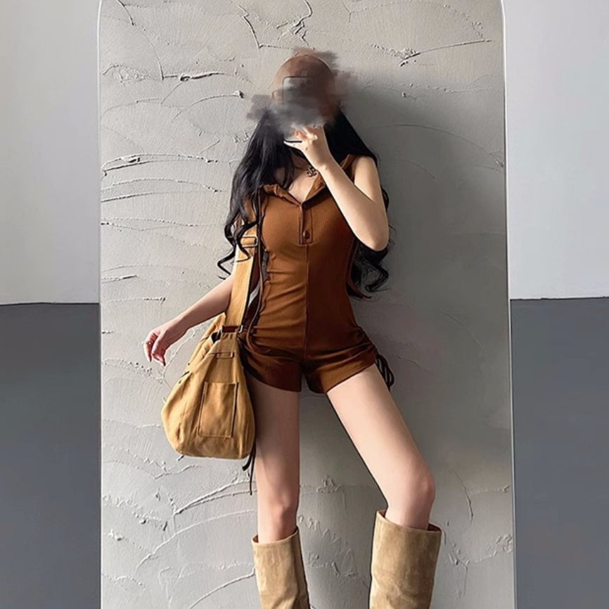Hooded Backless Fitness Romper Shorts