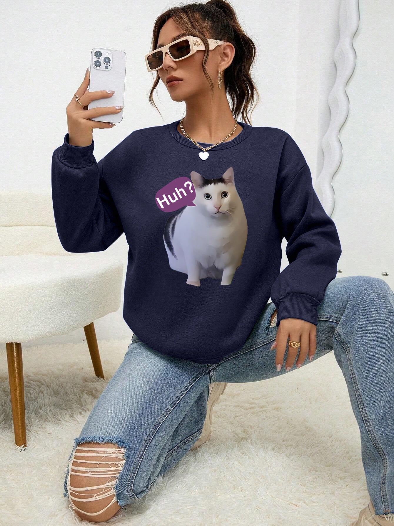 Cute Cat Print Women's Casual Pullover Sweater