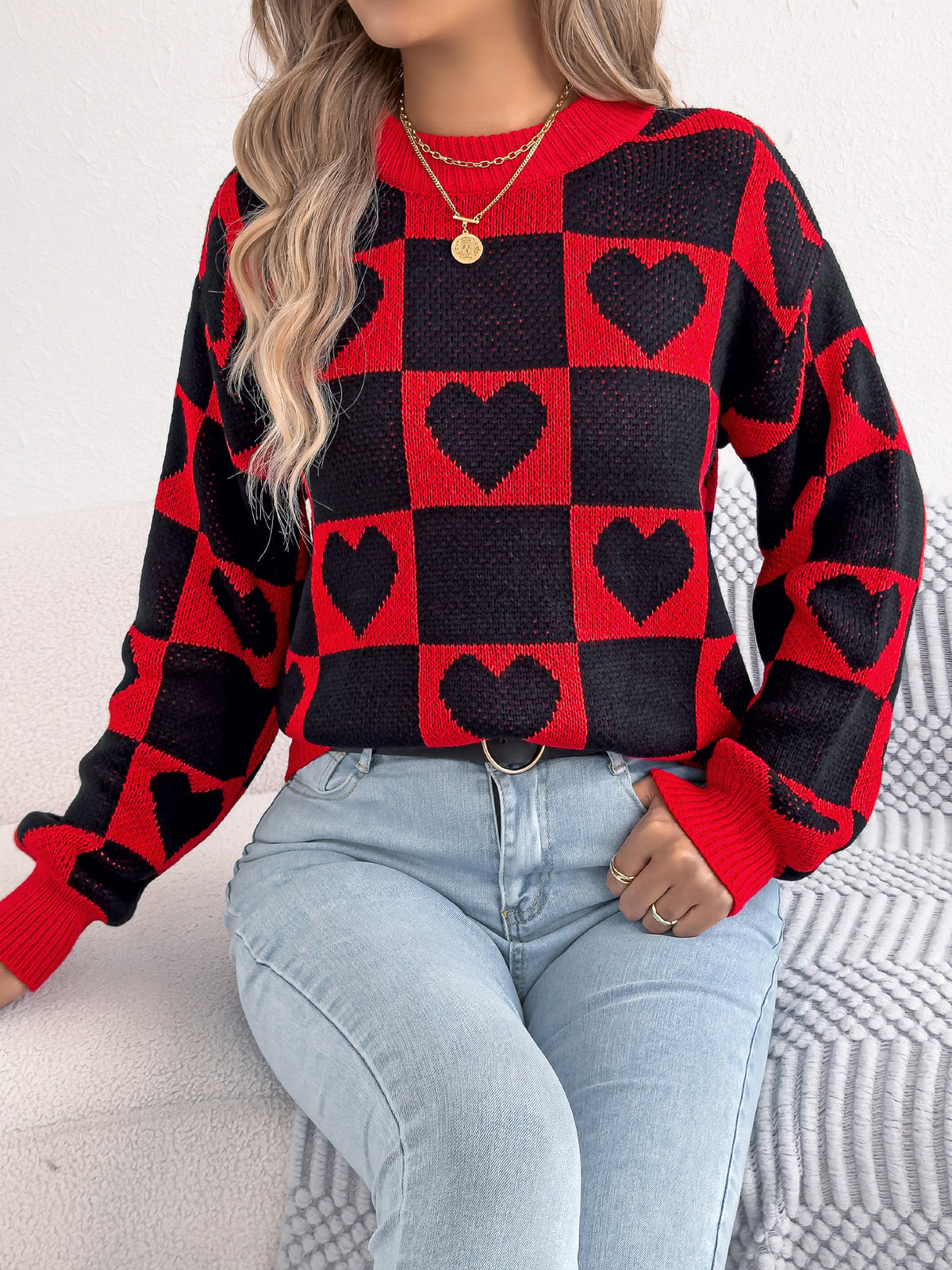 Women's Color-blocked Plaid Heart Lantern Sleeve Pullover Sweater for Valentine's Day