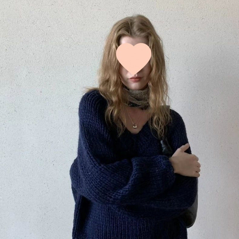 Hand-knitted Cotton-blend Sweater with a Solid-color Collar Chunky Knit Outerwear-style Pullover