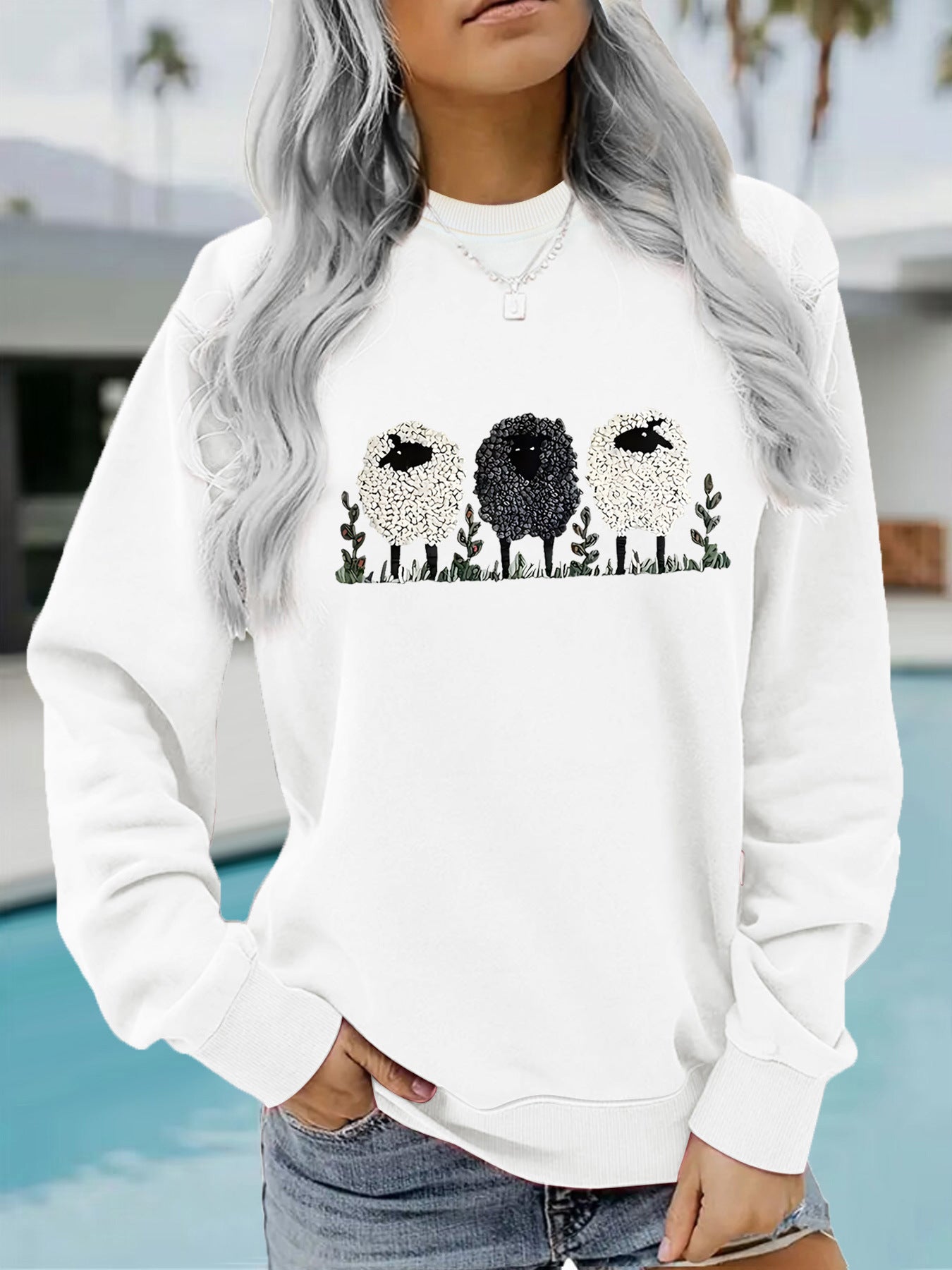 Chic Round Neck Printed Cashmere Pullover Sweater