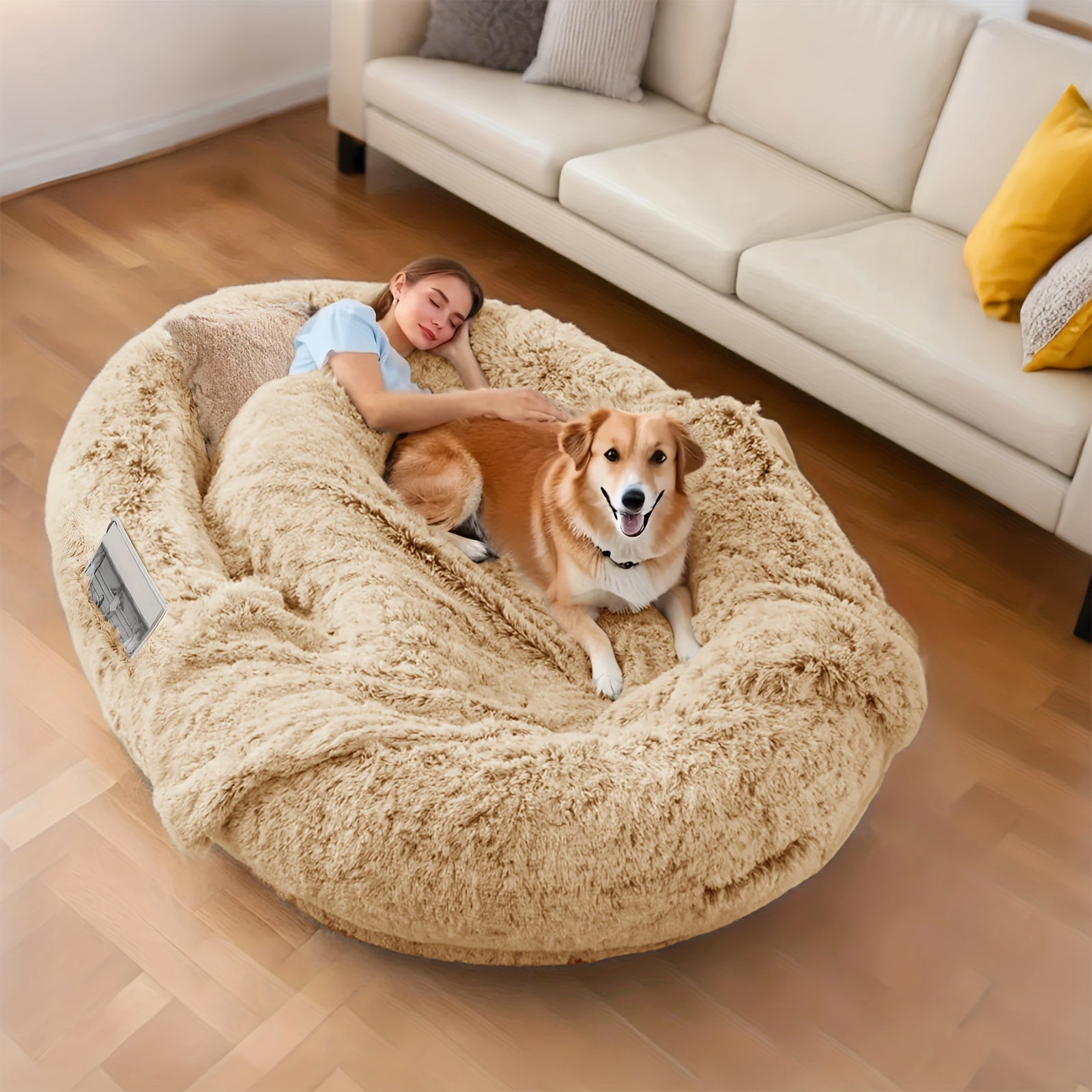 Oversized 71x45x12 Human Dog Bed - Orthopedic Washable Faux Fur Pet Bed With Plump Pillows & Blanket-like Strap, Grey Oval Bed For People & Puppies (all Dog Sizes) - Convertible Couch-like Napping