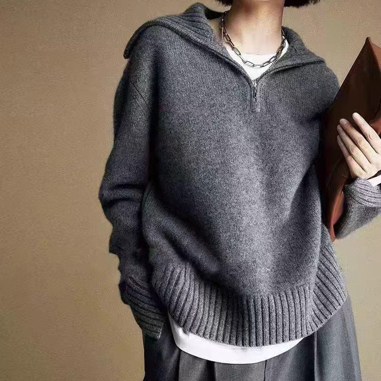 French Style High-grade Large Lapel Half Zipper Pullover