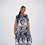 Fashionable Casual Long Skirt with an Abstract Print and Short Sleeves for Going Out