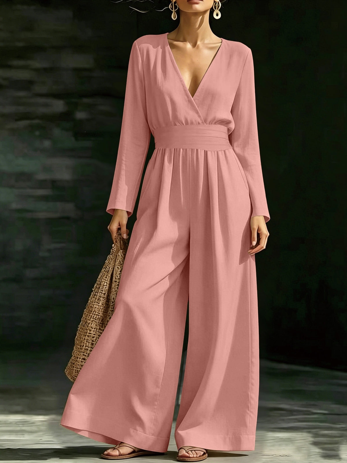 Elegant Long-Sleeve V-Neck Knit Jumpsuit for Women