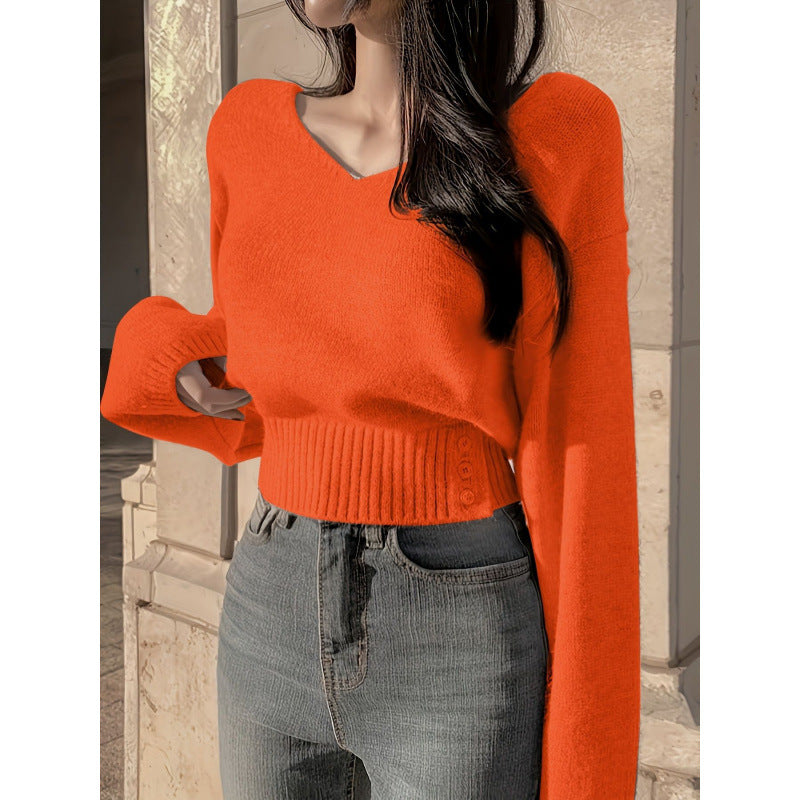 Solid Color and V-neck Side Buckle Waist Slimming Versatile Spring Top