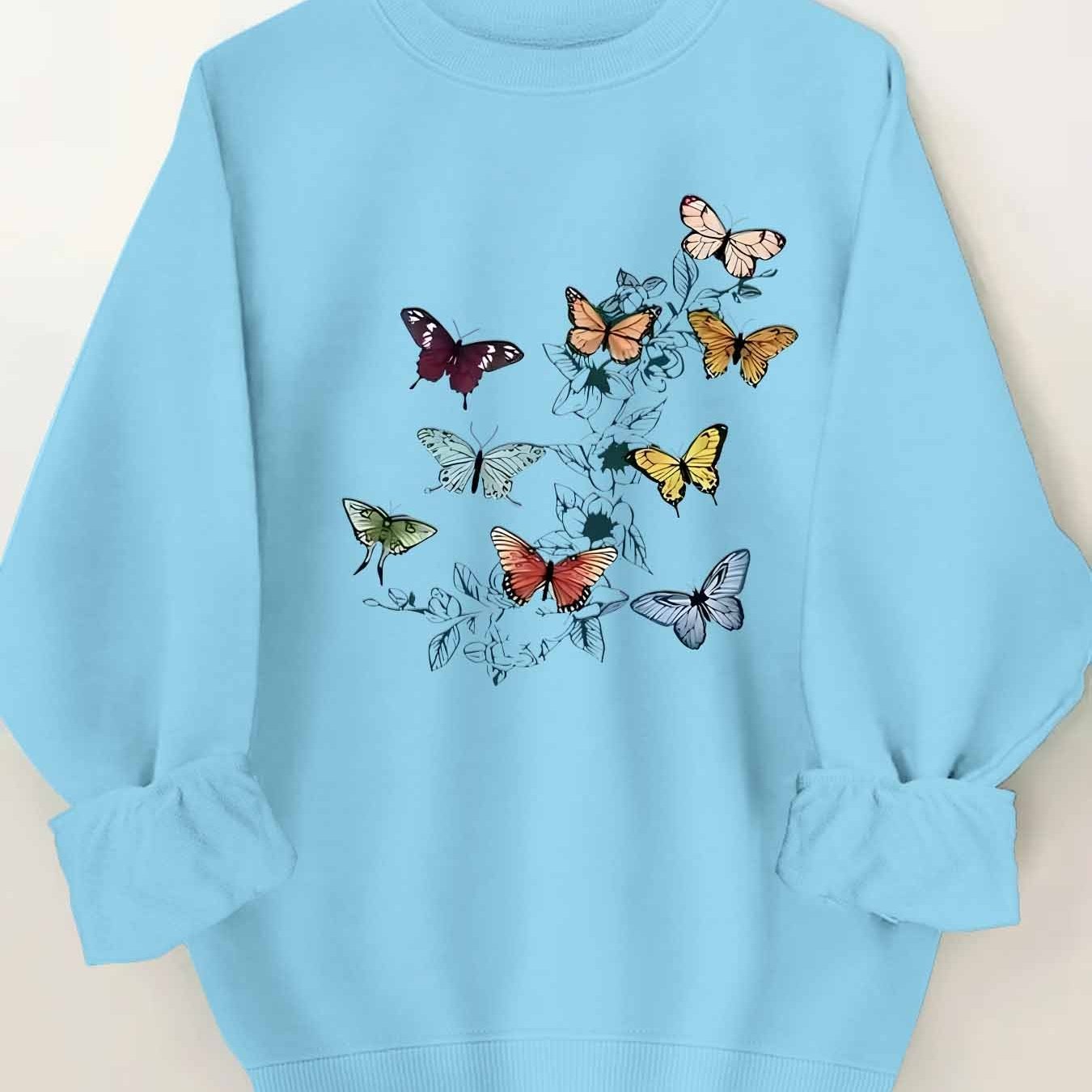 Women's Plus Size Butterfly Print Round Neck Sweatshirt – Size S