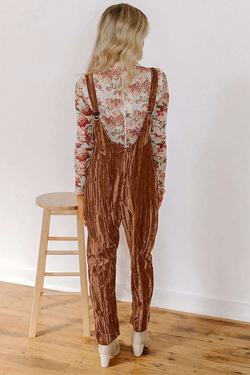 Chicory Coffee Velvet Adjustable Jumpsuit with Pocket