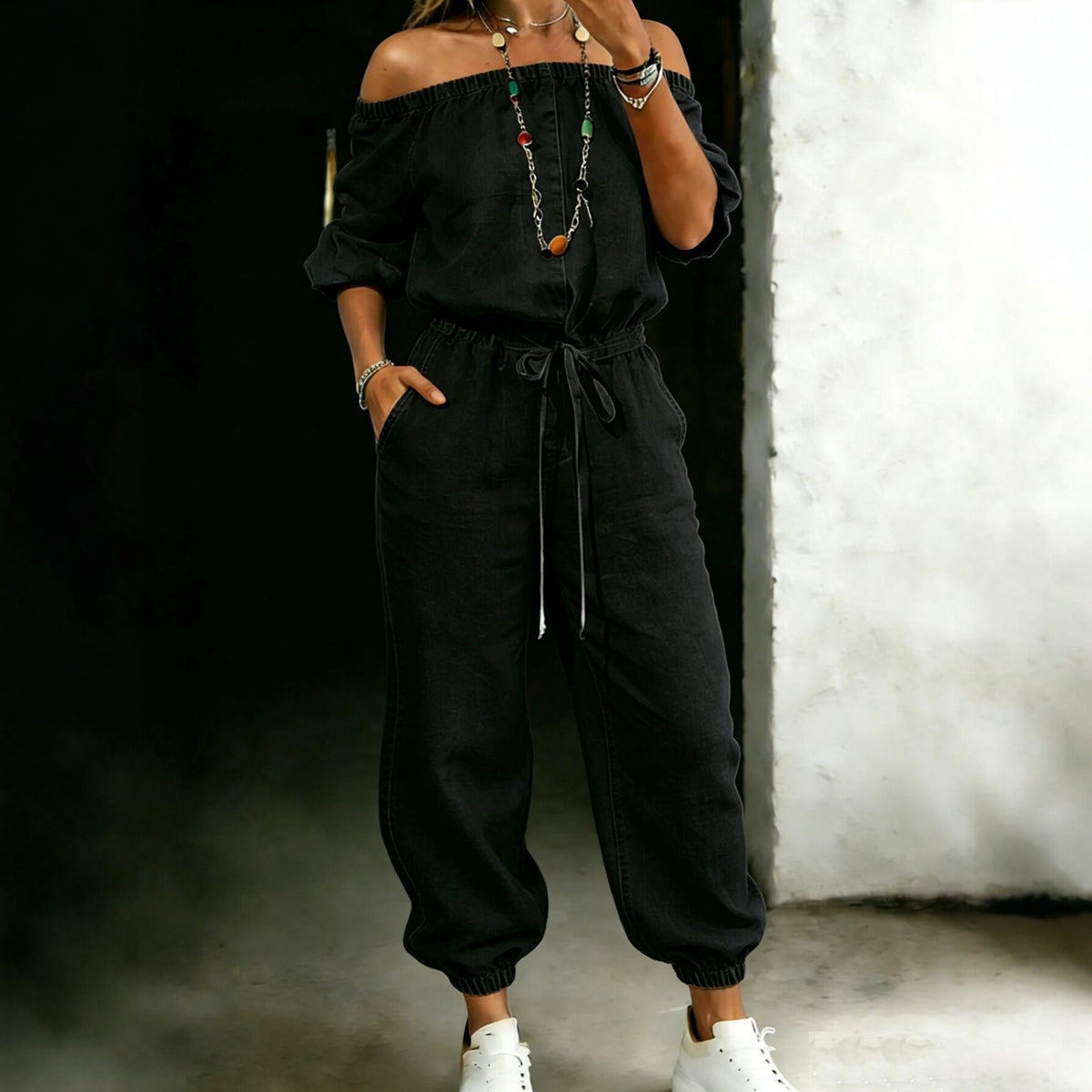 Off-Shoulder Denim Jumpsuit with Ankle Tie