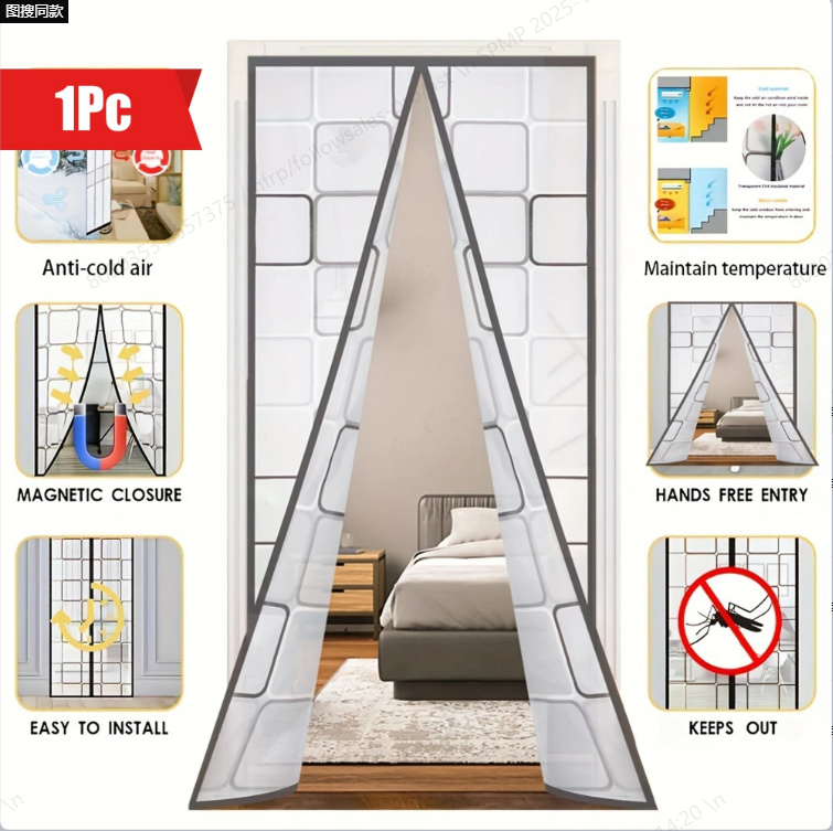 Magnetic Eva Air Conditioner Insulation Door Curtain, Lace Top Windproof Thermal Seal Screen Door, Weighted Bottom Hands Free Auto Close Door Screen, Anti Mosquito Energy Saving Partition Curtain for