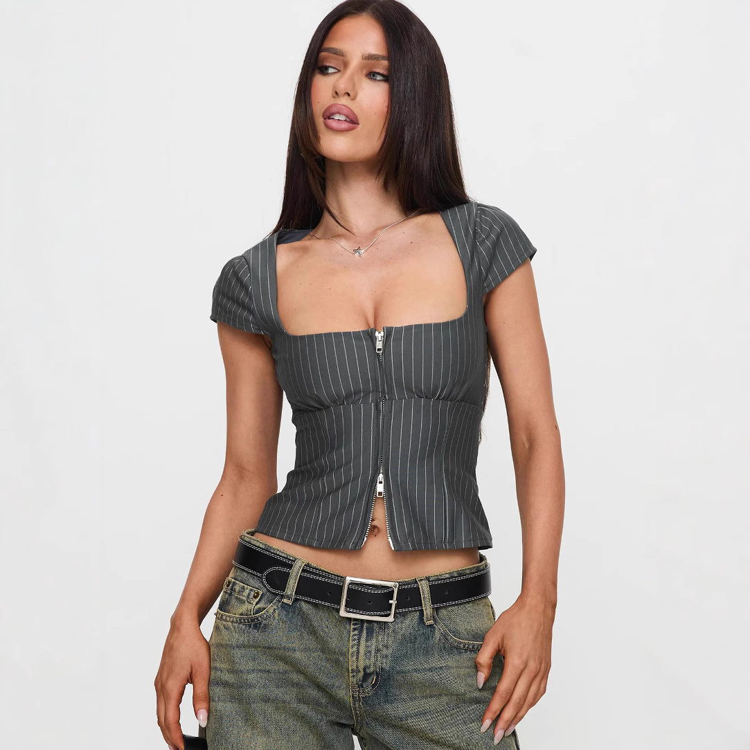 Retro Striped Square-Neck Short Sleeve Top with Double Zippers