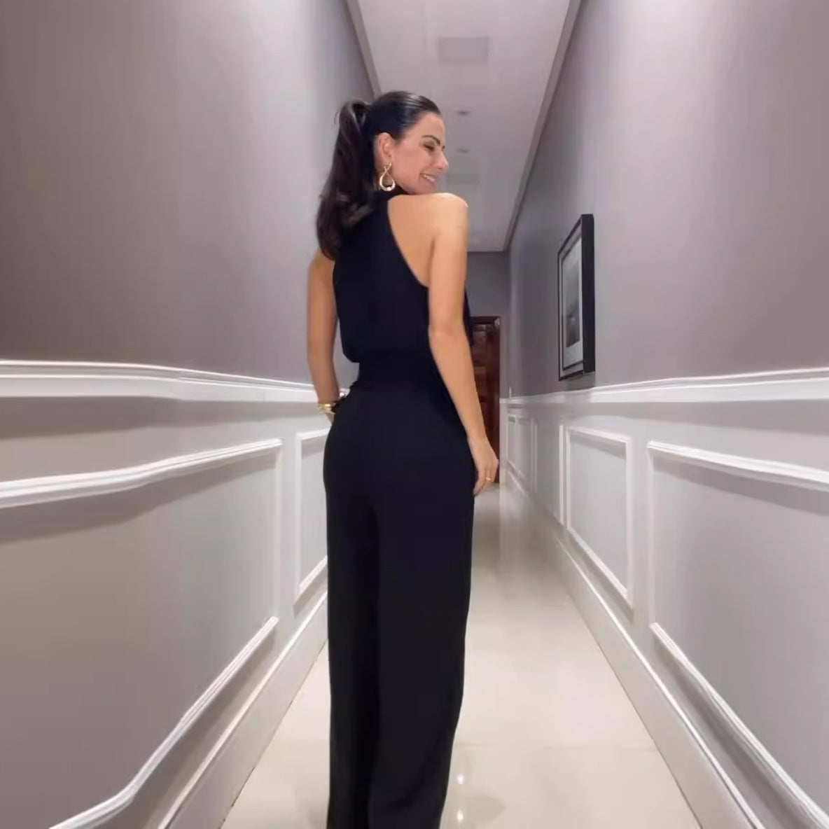 Women's Casual High-Waist Wide-Leg Jumpsuit