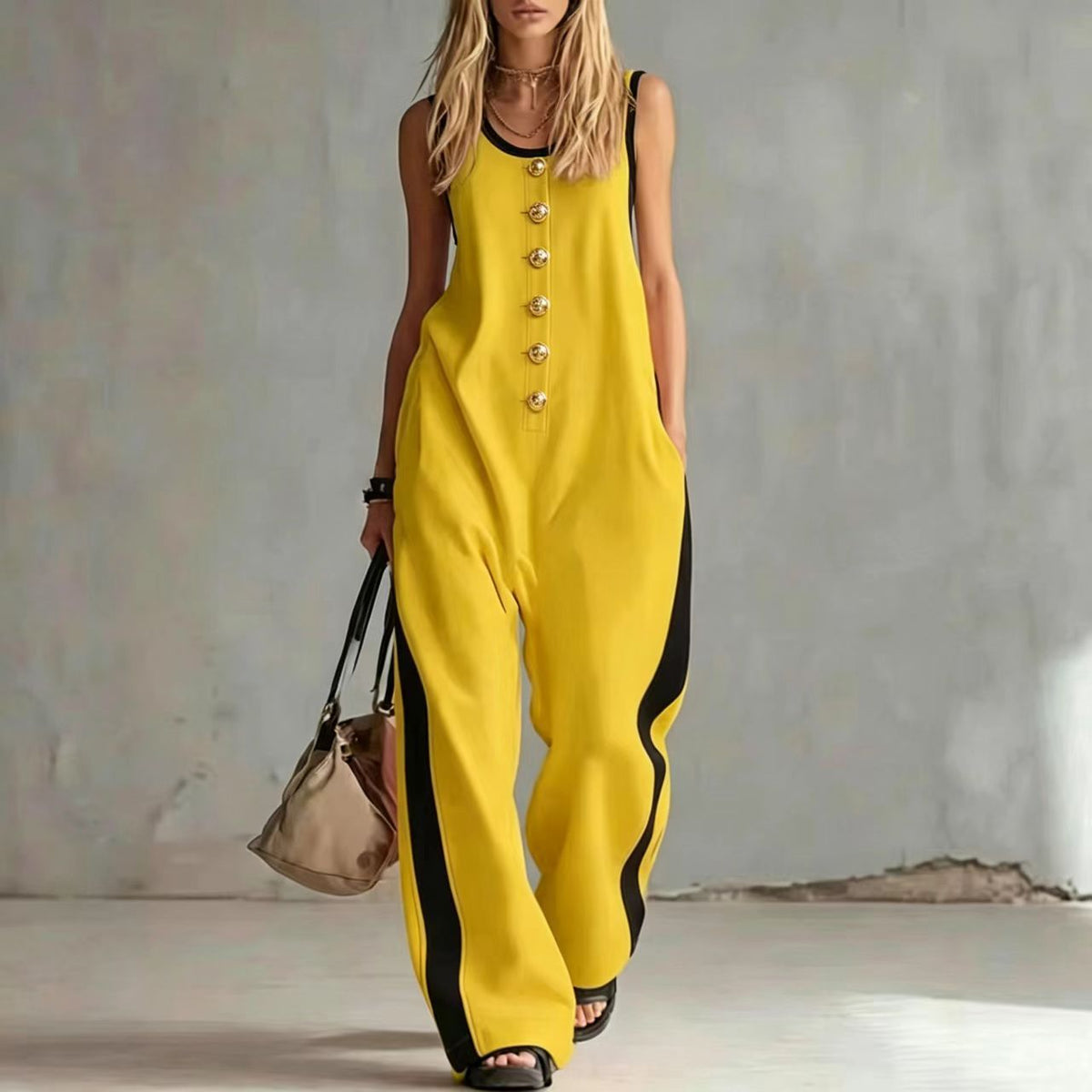 Chic Colorblock Buttoned Crew Neck Sleeveless Jumpsuit