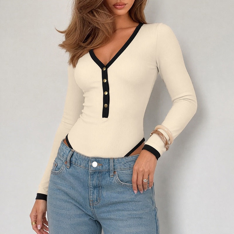 Chic Contrast V-Neck Slim Casual Jumpsuit