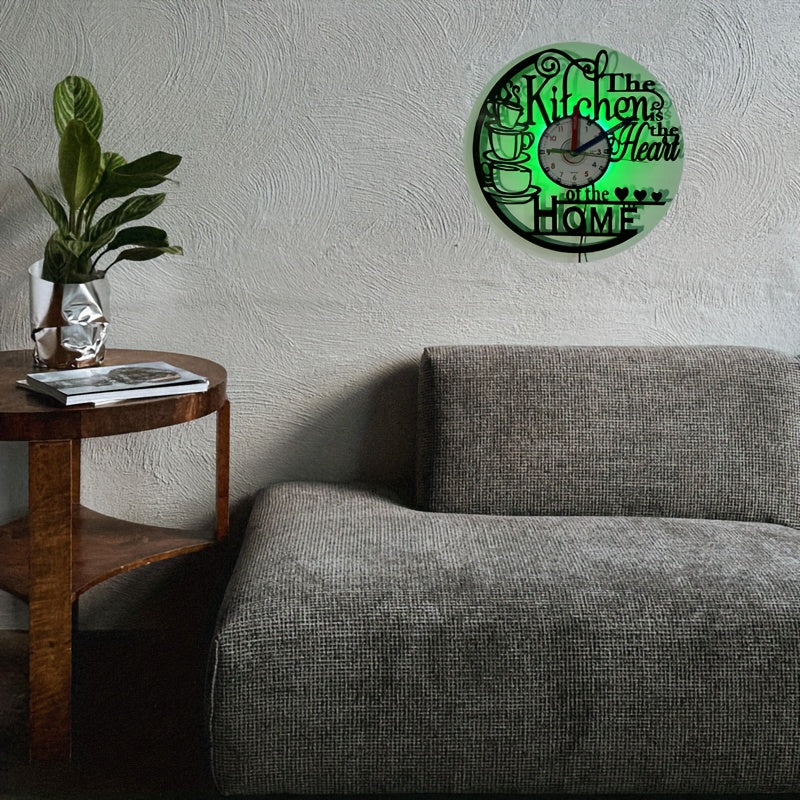 Vinyl Wall Clock with LED Glow-in-the-Dark - 7-Color Changing Night Light, Kitchen-Themed Retro Design with Hearts & Coffee Cups, "The Kitchen'S Heart of the Home" Text, Irregular Shape for Home Decor, Bar, Cafe, Restaurant - AA Battery-Powered (Not