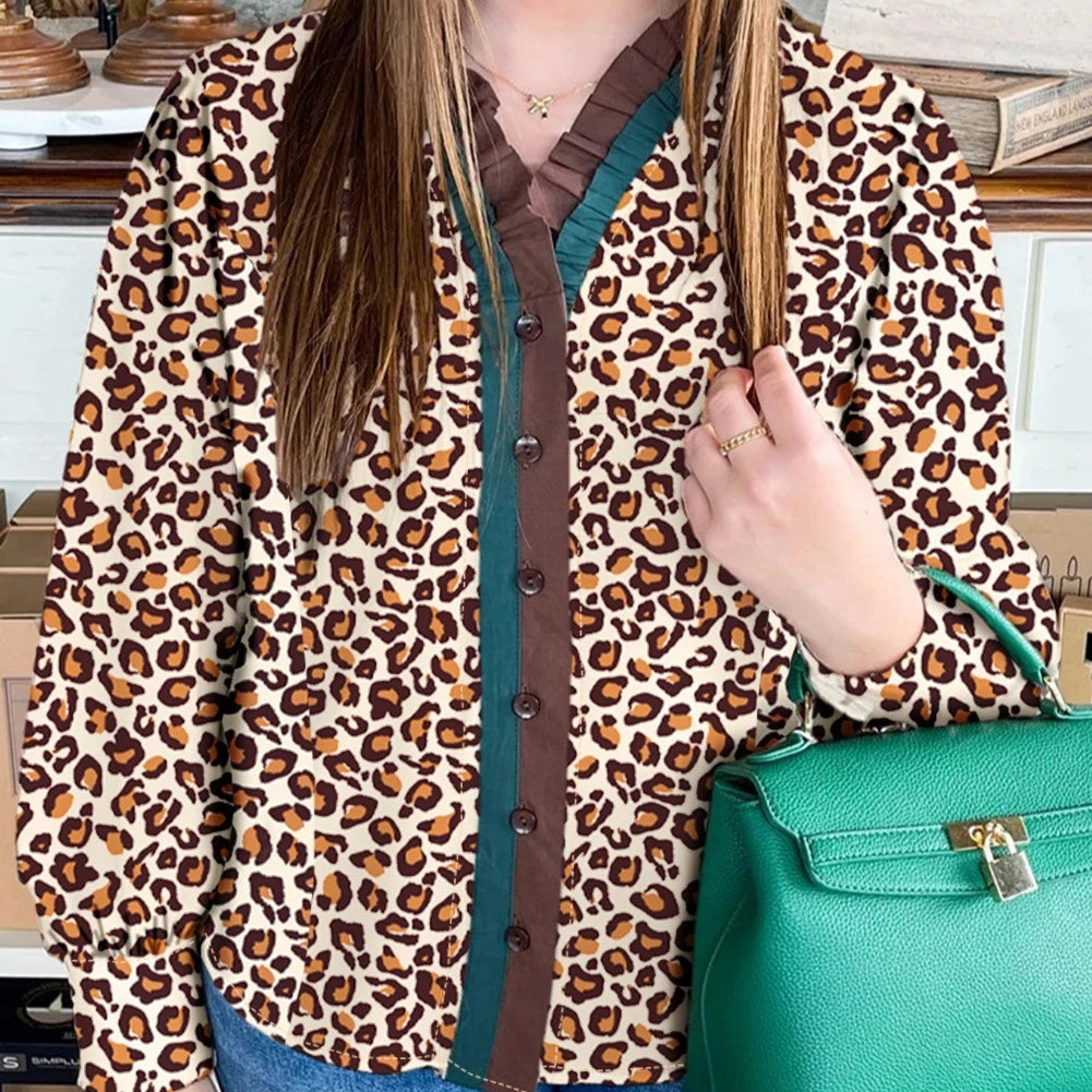 Brown Leopard Print Contrast Frilled Trim Button Down V Neck Shirt