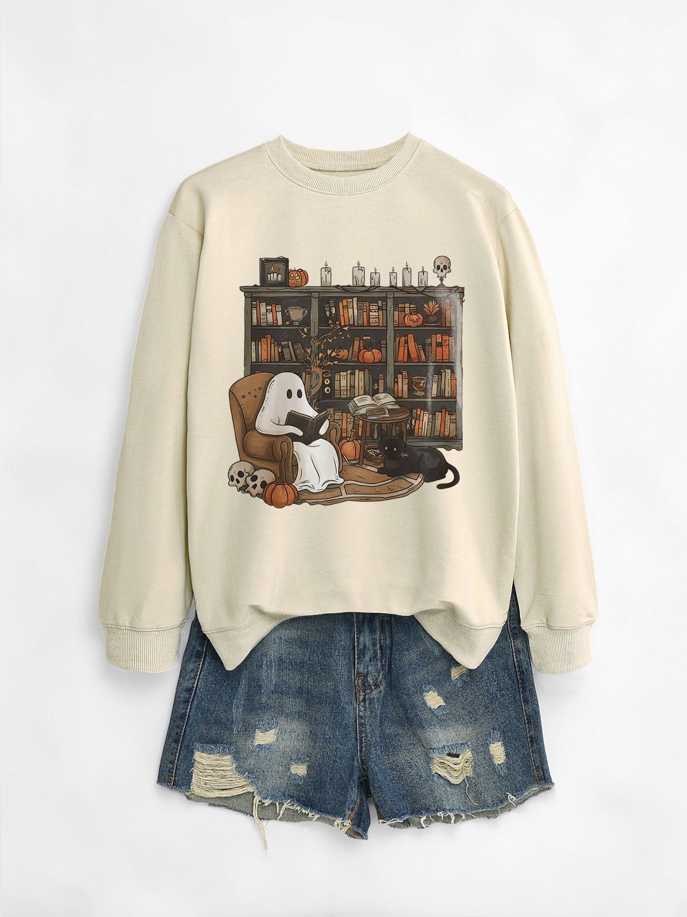 Cozy Black Cat Bookshelf Halloween Sweatshirt