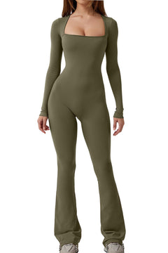 Women's Long Sleeve Square Collar Solid Jumpsuit