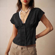 Slim Fit Retro Artistic Short-Sleeve Top – Vintage Chic