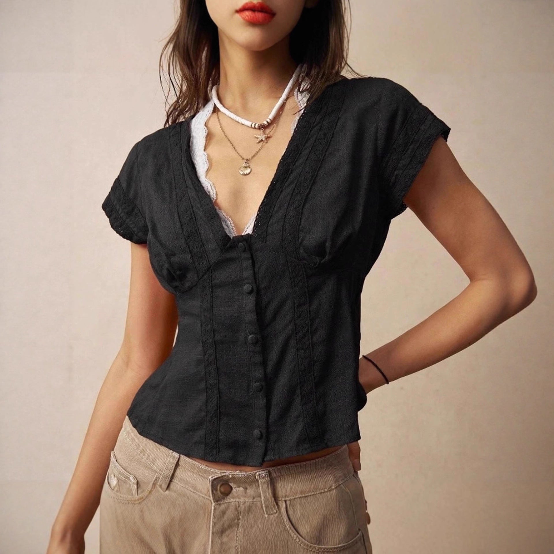 Slim Fit Retro Artistic Short-Sleeve Top – Vintage Chic