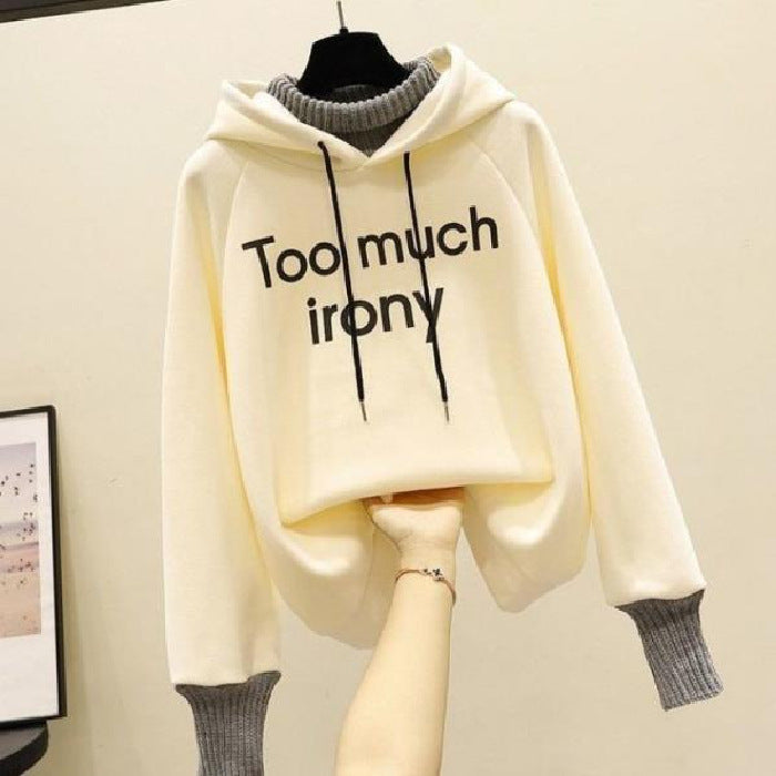 Fleece-Lined Letter Print Fake Two-Piece Hooded Sweatshirt