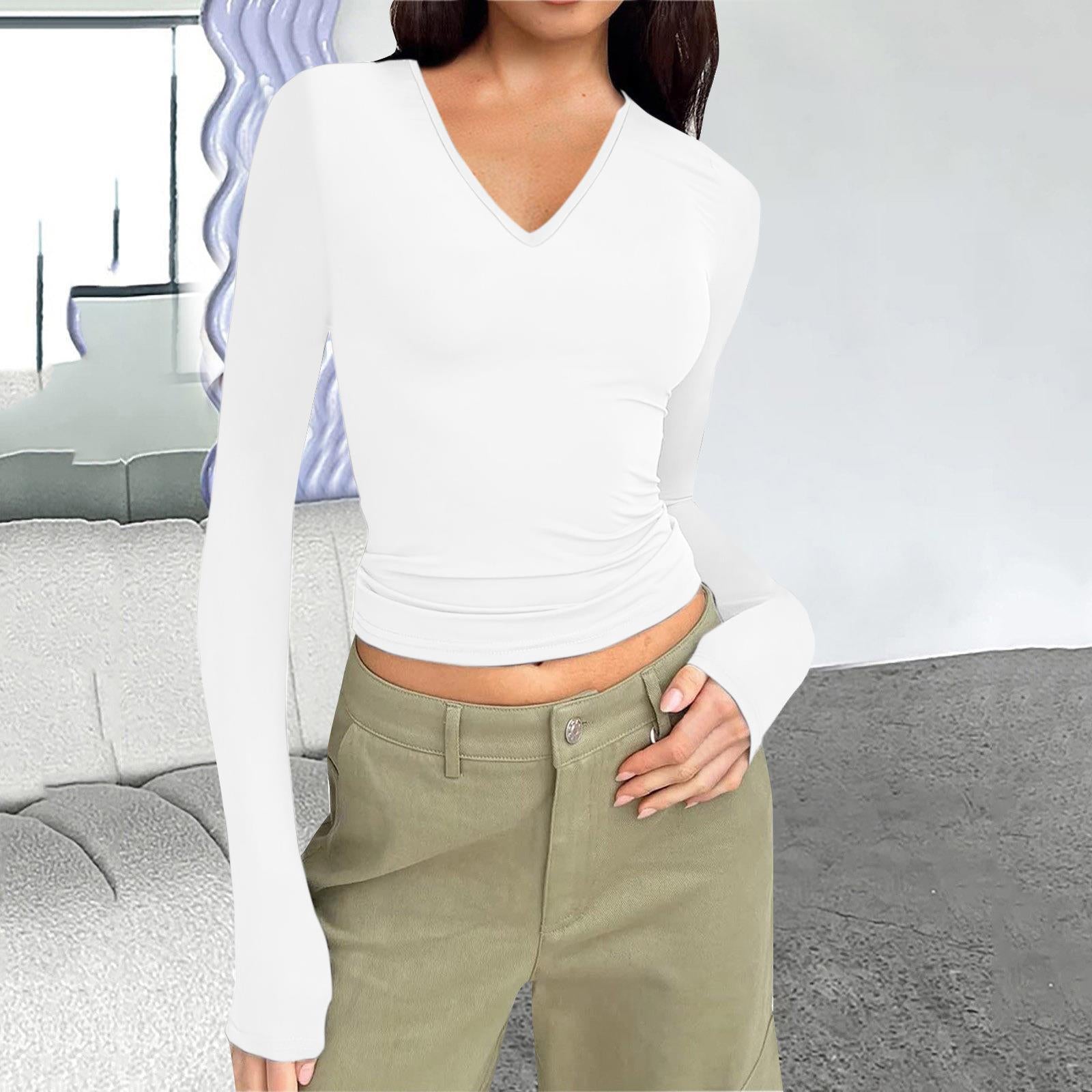 Women's V-Neck Slim Fit Long-Sleeve Basic Tee