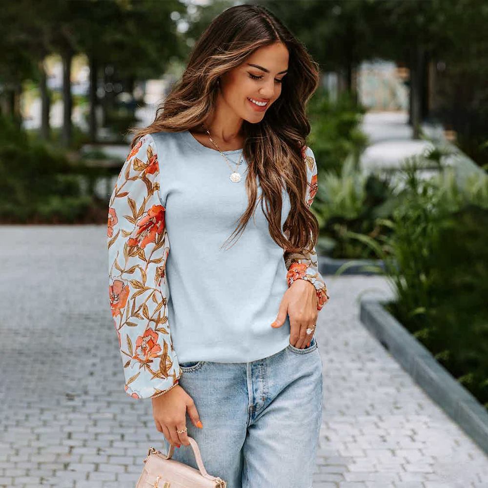 Chic Printed Lantern Sleeve Casual Pullover Sweater