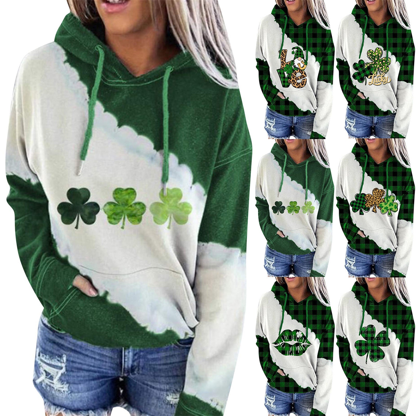 Lucky Clover Print Casual Loose Hooded Sweatshirt