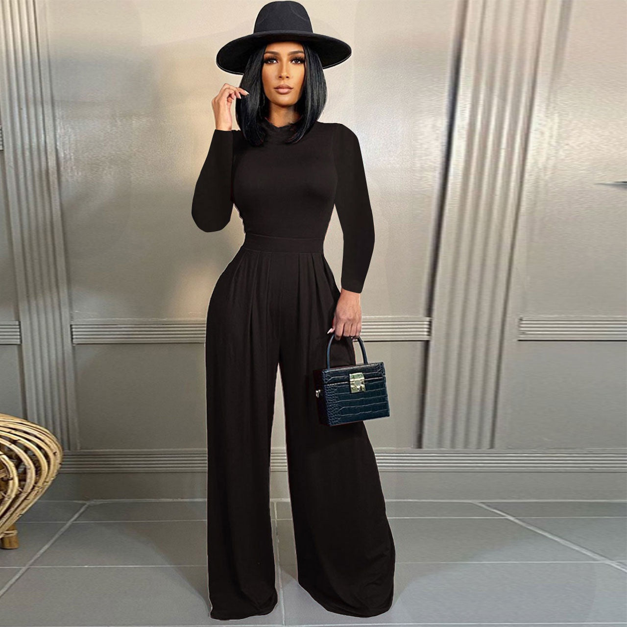 Chic Solid Long-Sleeve Wide-Leg Jumpsuit