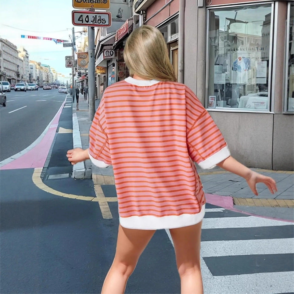Color-Block Striped Crew Neck Tee