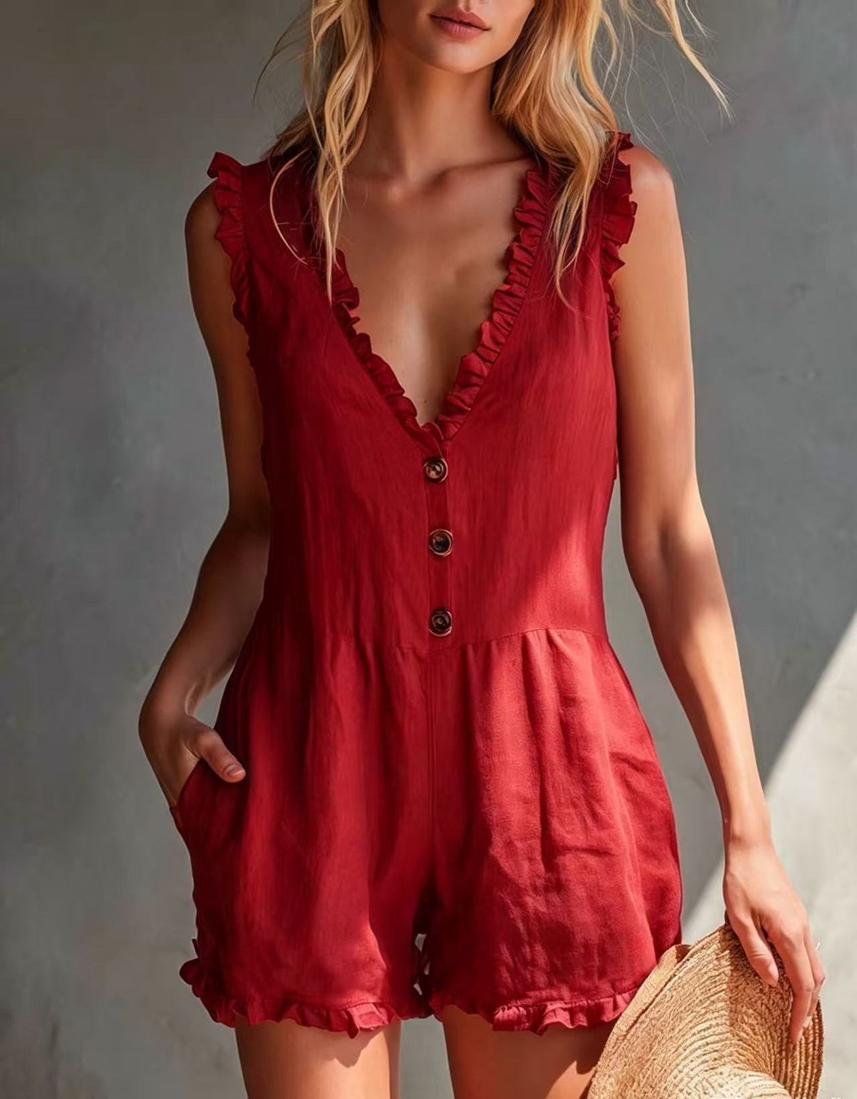 Floral V-Neck Ruffled Sleeveless Jumpsuit with Pockets