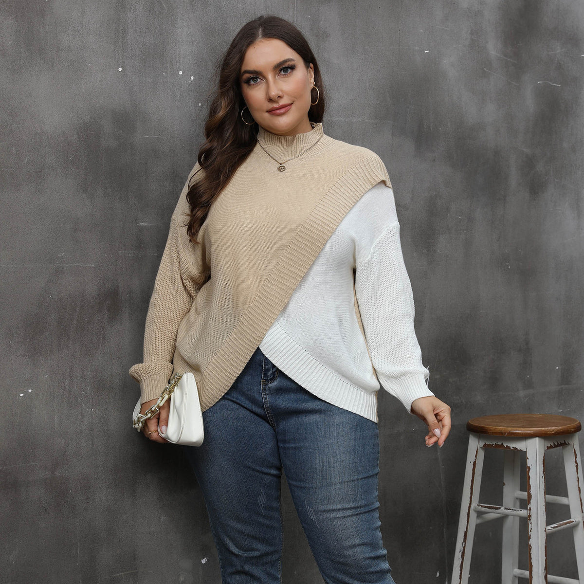 Contrast-color Patchwork Crossover Woven Sweater Mock-neck Pullover
