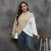 Contrast-color Patchwork Crossover Woven Sweater Mock-neck Pullover