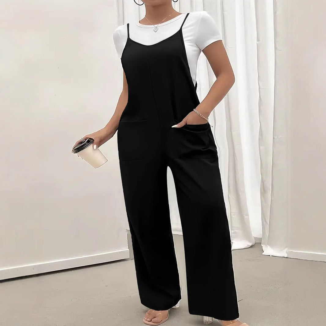 Solid Color Casual Suspender Jumpsuit Women's Clothing