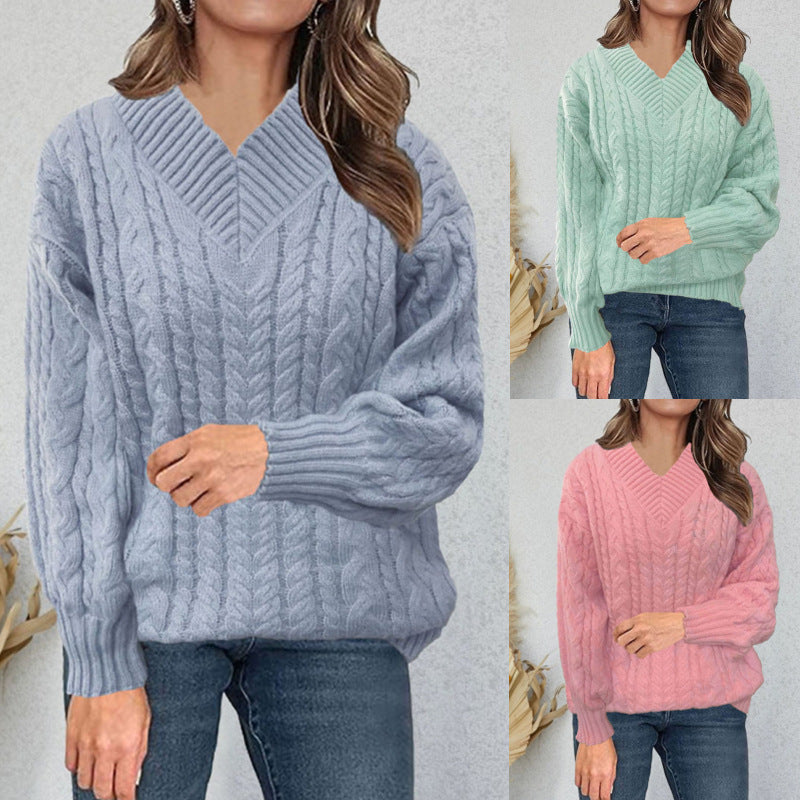 Women's Autumn and Winter New Long-sleeved Knitted V-neck Pullover Sweater